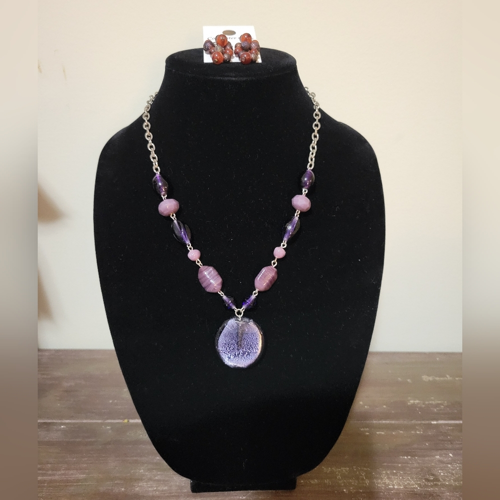 Purple Glass Pendant & Glass Beaded Necklace with Coldwater Creek Earrings